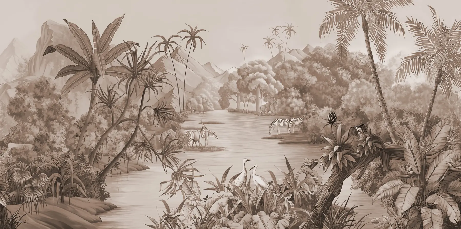 murales Trópico blanco y negro en tonos marrones u59040v1