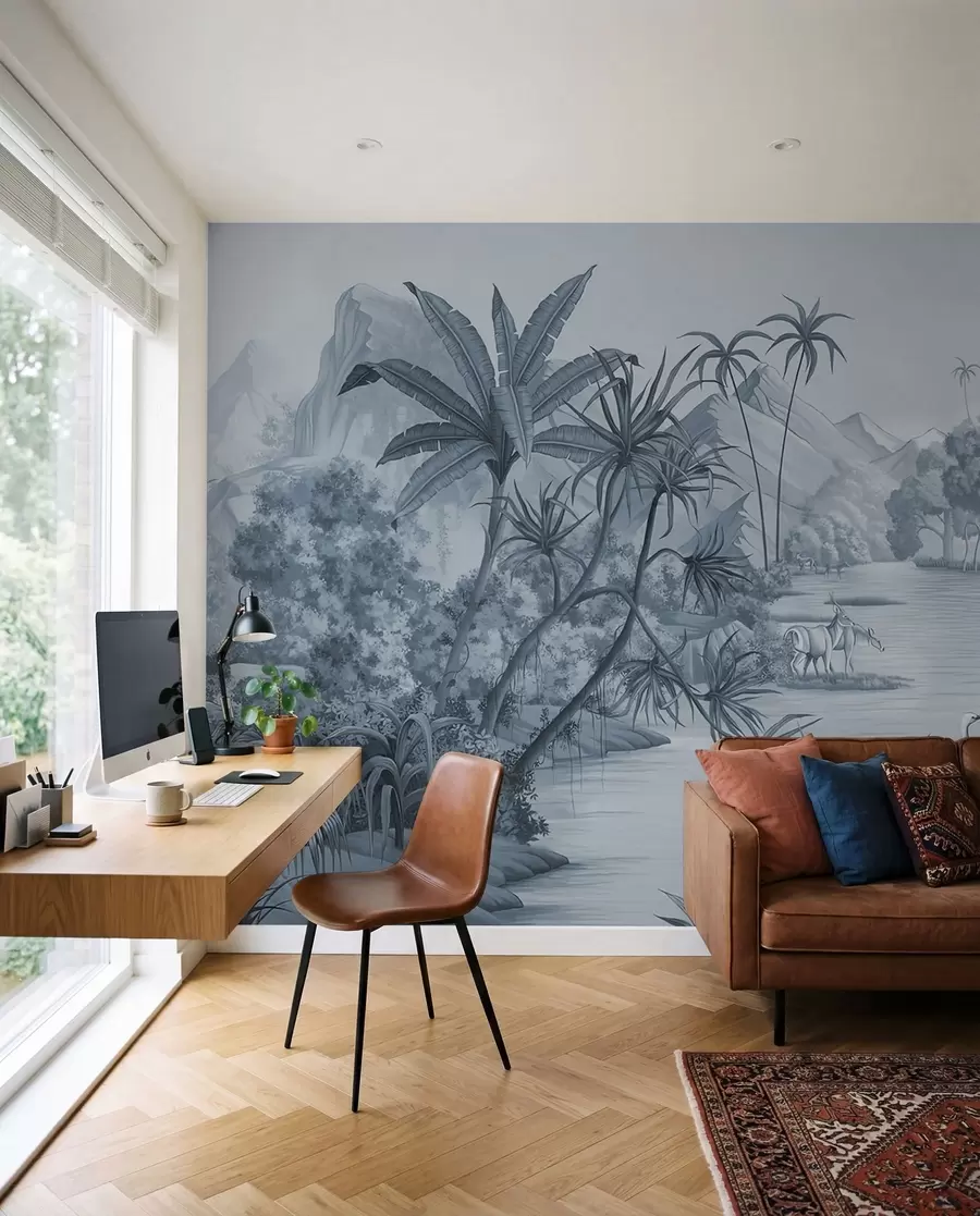 Wall Mural Photo Wallpaper Black and white tropics in blue colors u59040v2