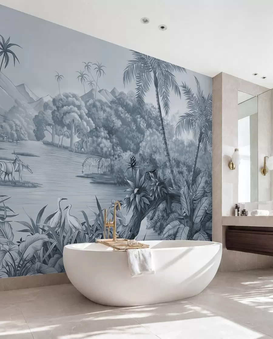 wall murals Black and white tropics in blue colors u59040v2