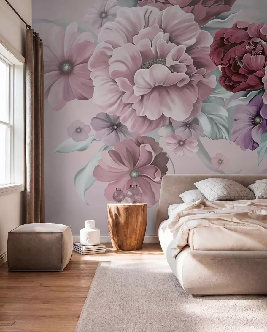 wall murals Delicate blue flowers in pink colors u59900v1