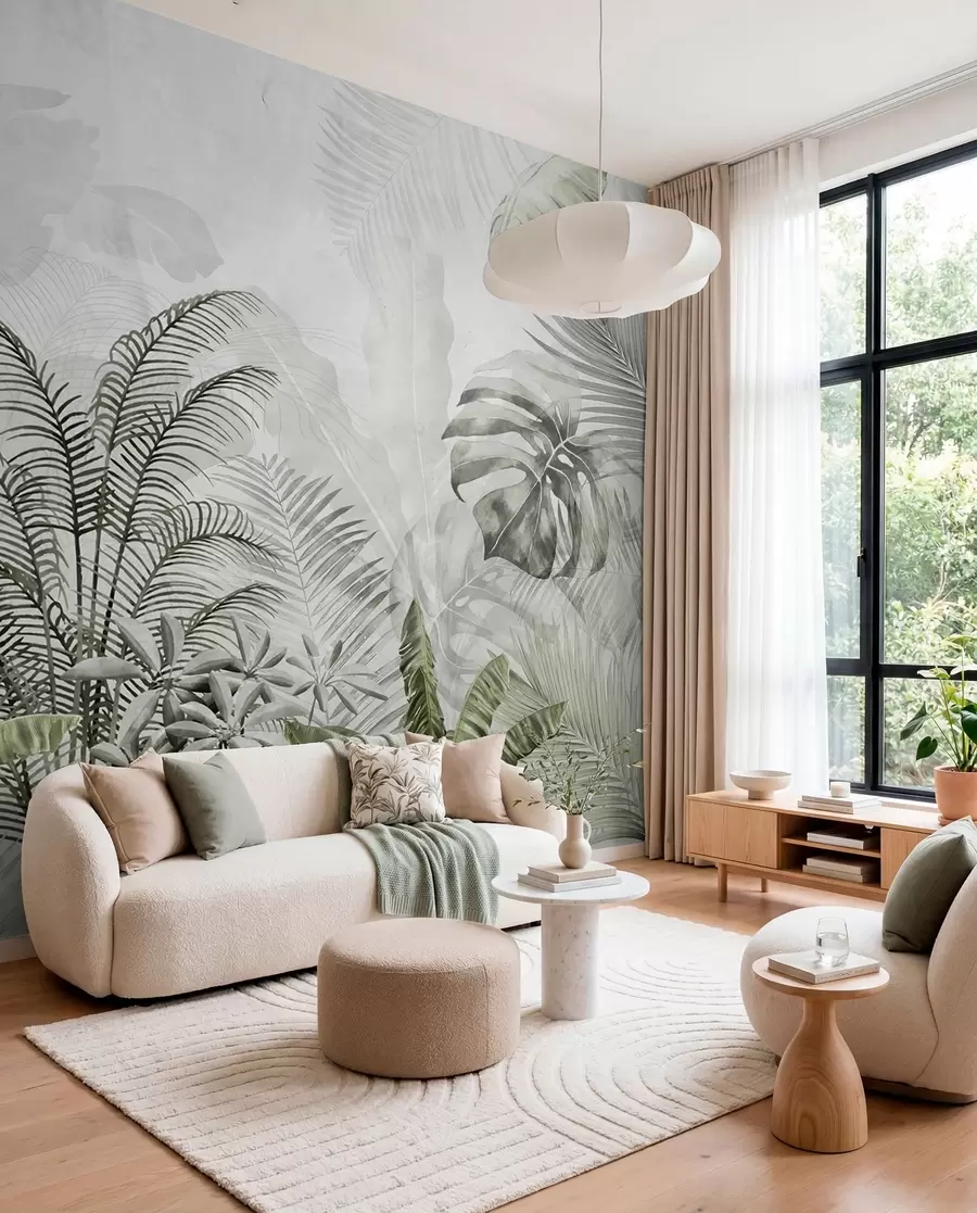 Wall Mural Photo Wallpaper Palm trees in gray color in green colors u71284v3