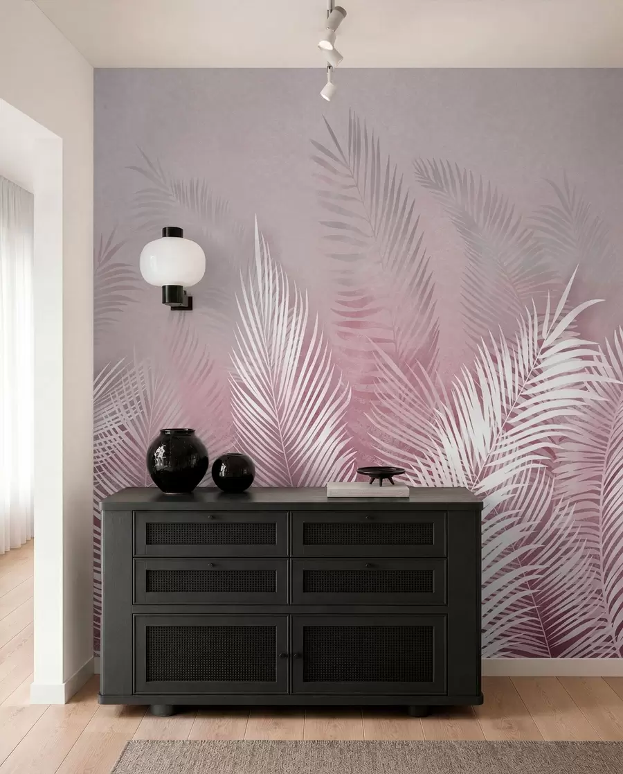 peintures murales Palmiers blancs sur fond de granzh rose. en couleurs roses u74601v2