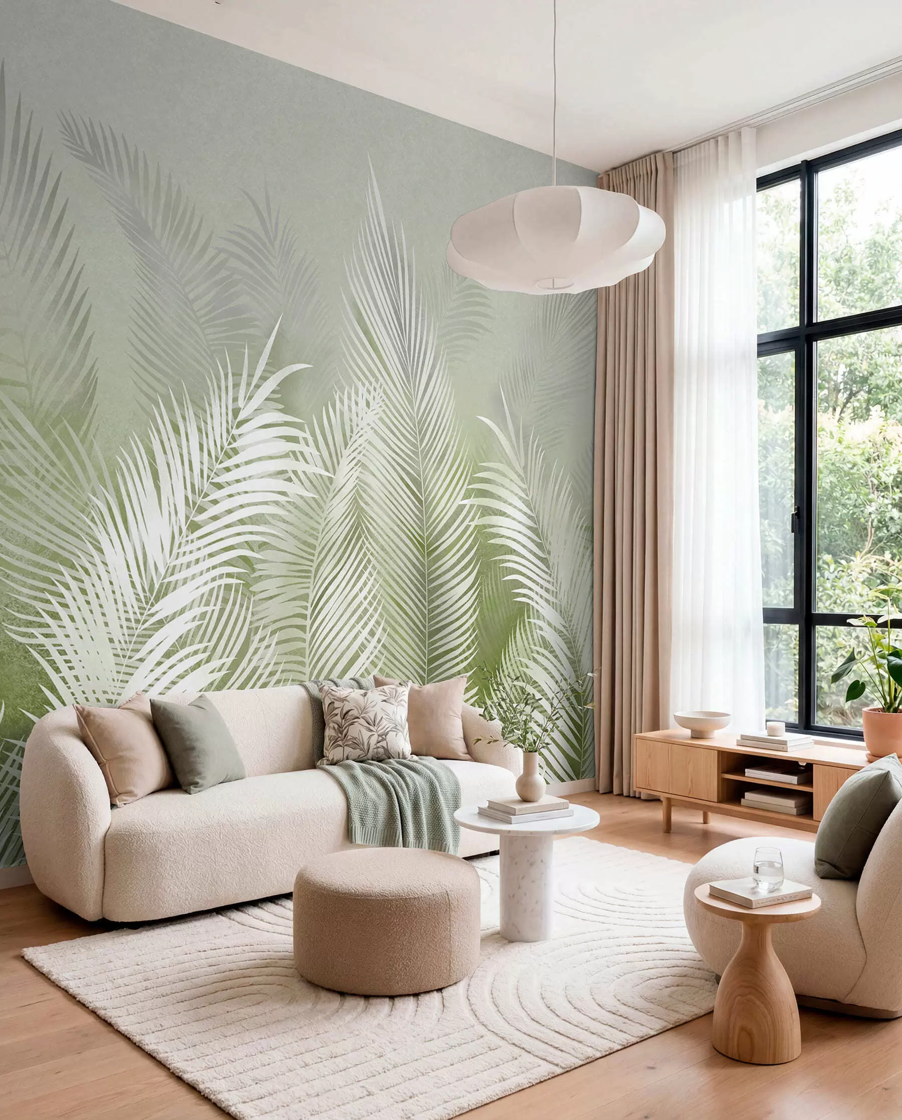 wall murals White palm trees on a pink granzh background. in green colors u74601v3