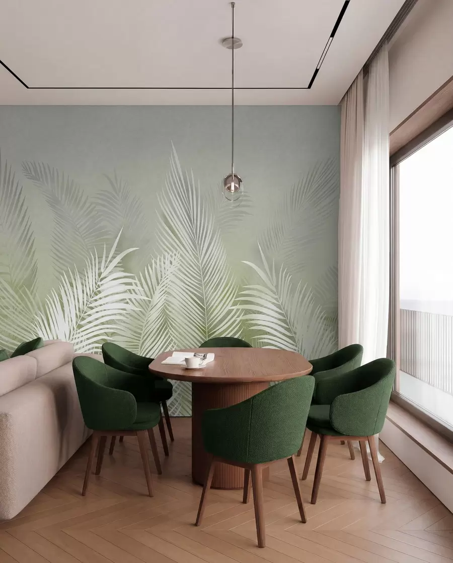 wall murals White palm trees on a pink granzh background. in green colors u74601v3