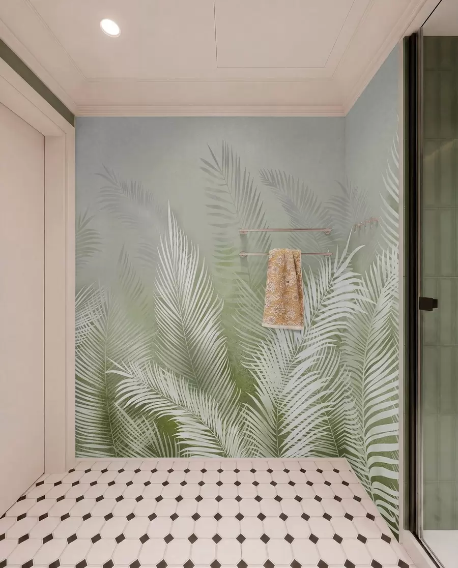 wall murals White palm trees on a pink granzh background. in green colors u74601v3
