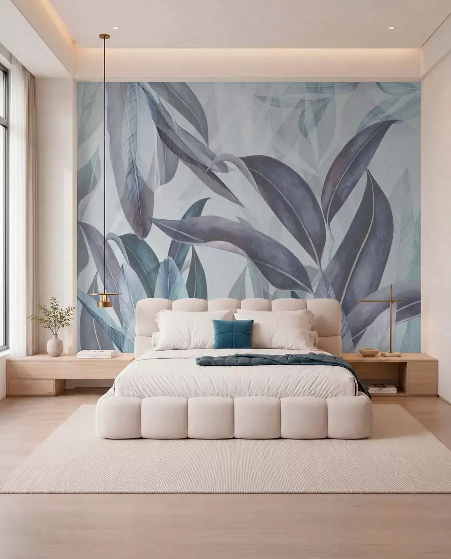 peintures murales Feuilles de palmier vertes et roses dans des couleurs bleues u94302v1