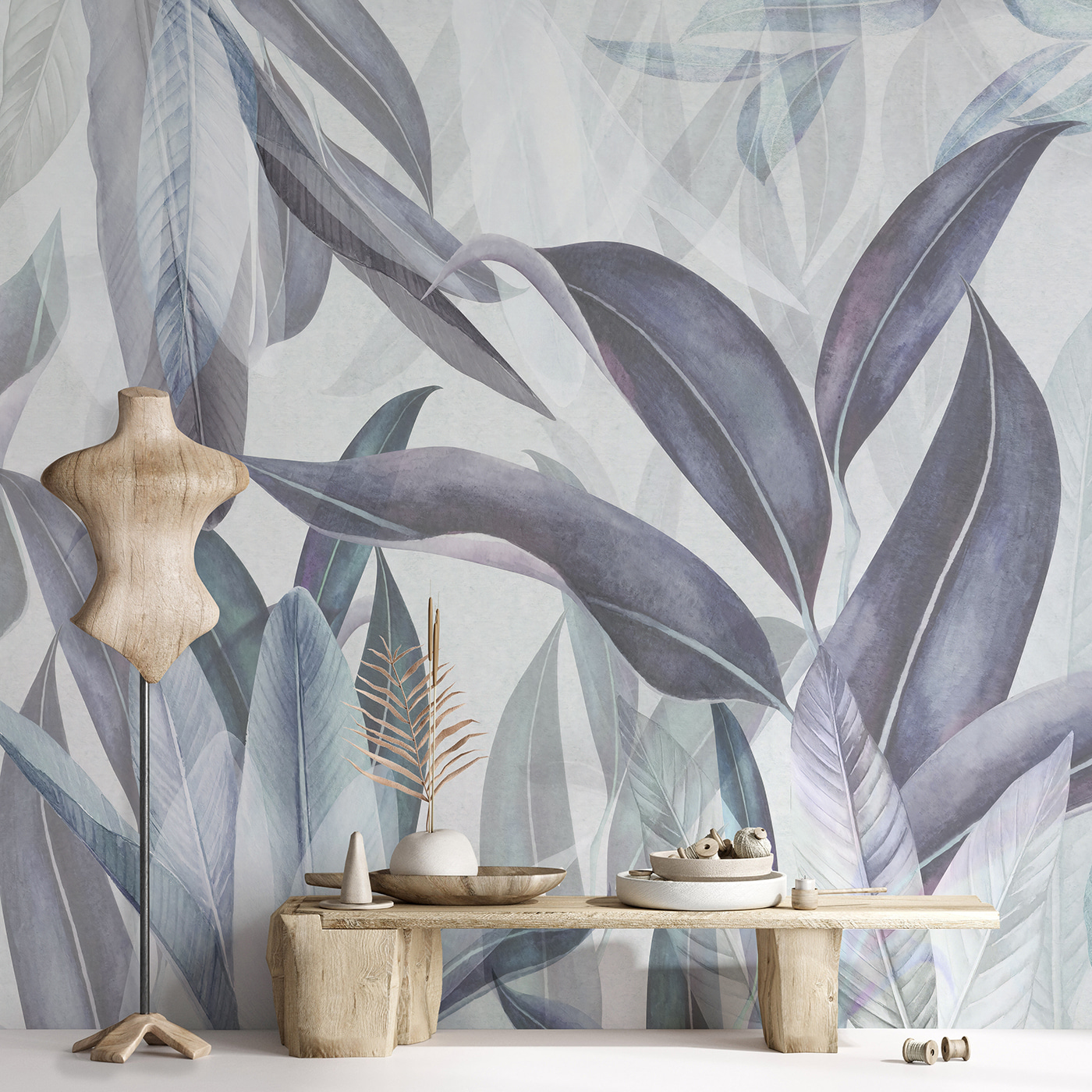 Wall Mural Photo Wallpaper Green and pink palm leaves in blue colors Nr