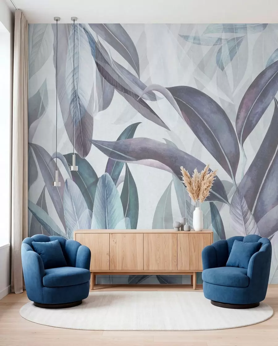 Wall Mural Photo Wallpaper Green and pink palm leaves in blue colors u94302v1