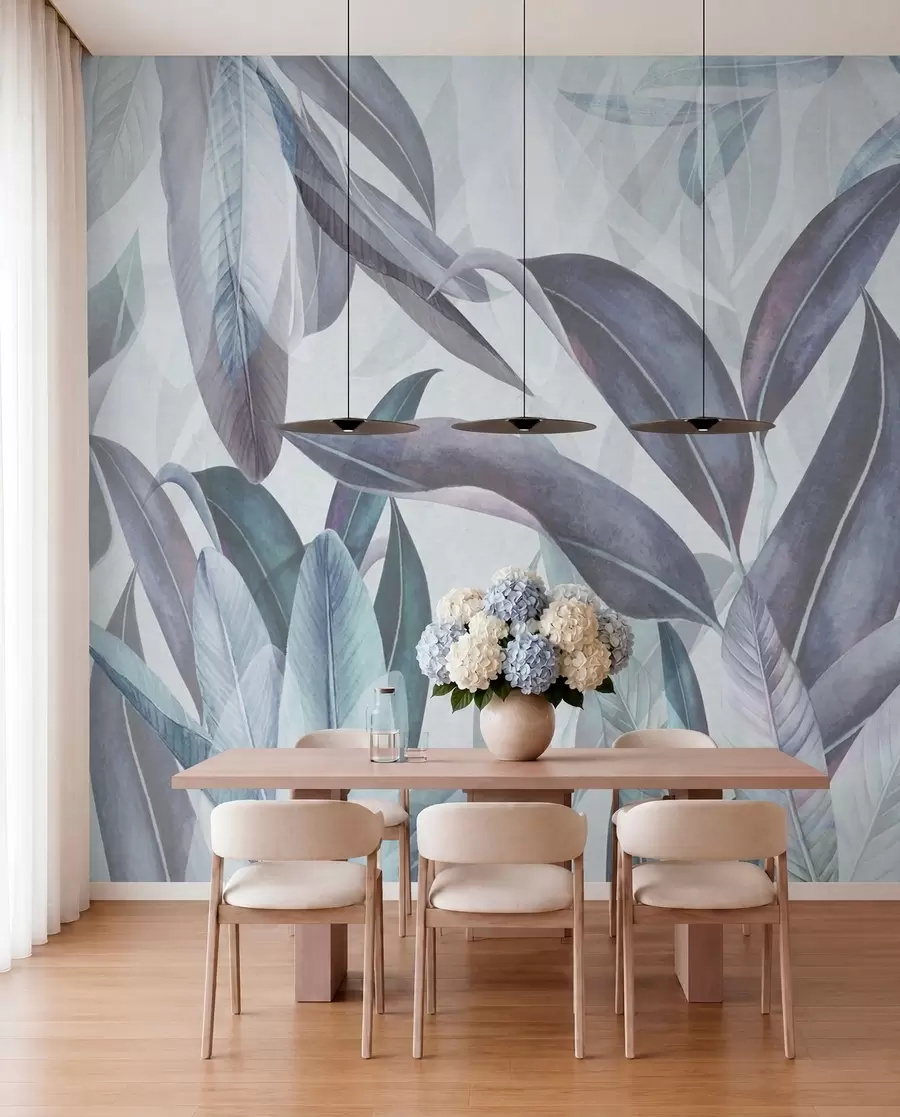 wall murals Green and pink palm leaves in blue colors u94302v1