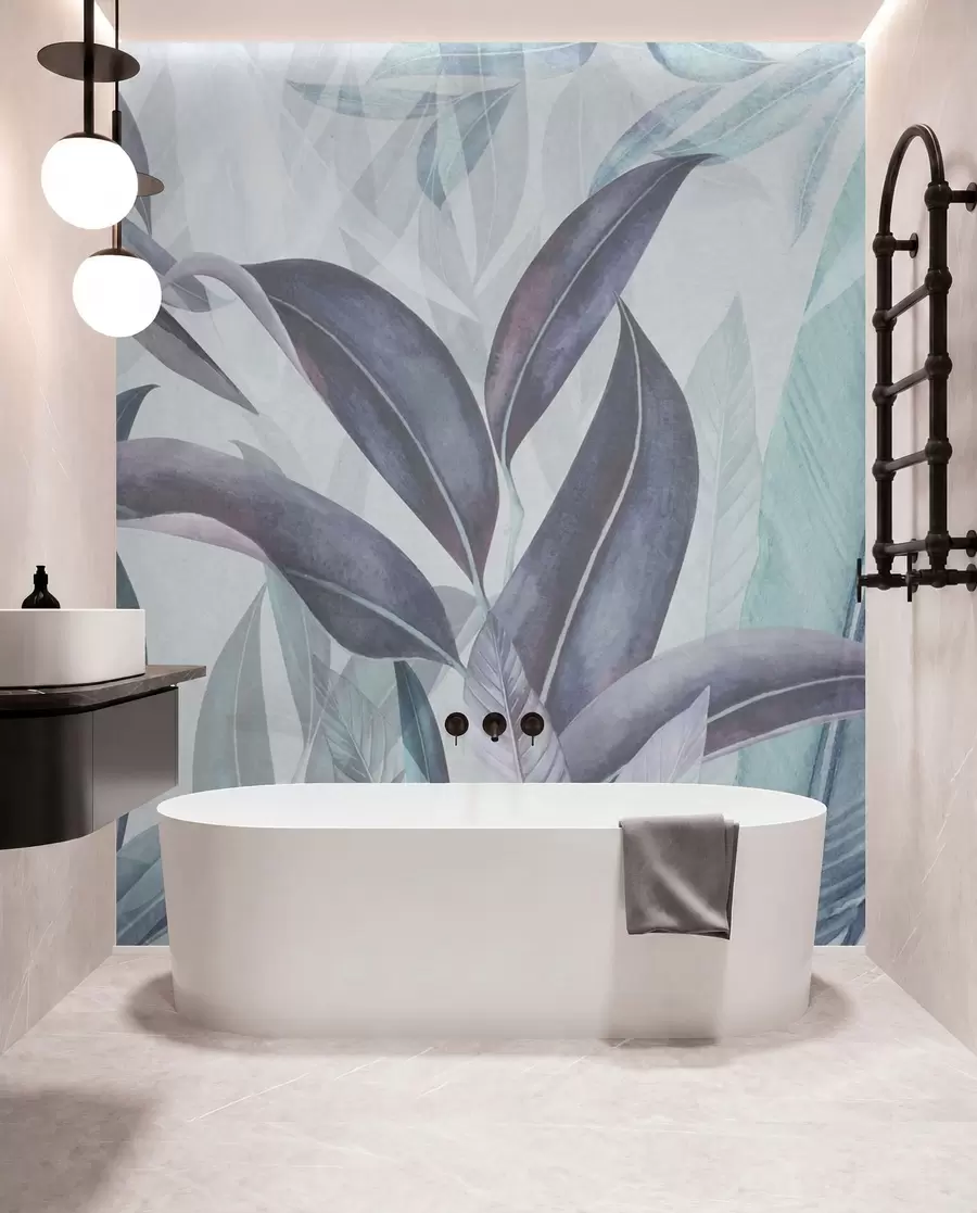 wall murals Green and pink palm leaves in blue colors u94302v1