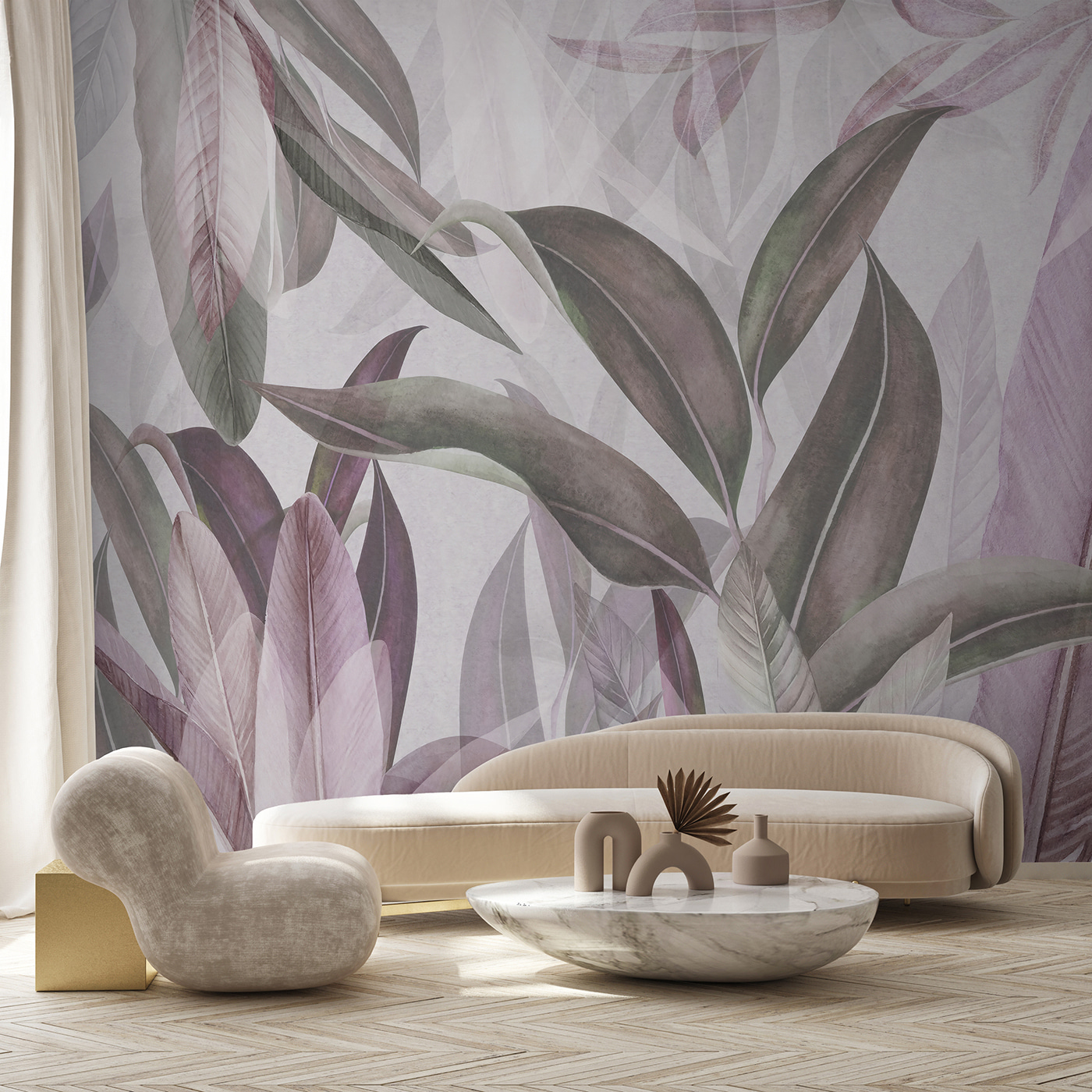 Wall Mural Photo Wallpaper Green and pink palm leaves in purple colors