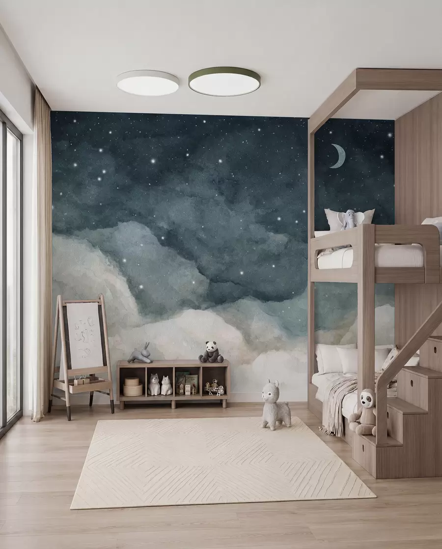 murales Acuarela de cielo nocturno con luna creciente y estrellas brillantes en tonos azules u96076v2