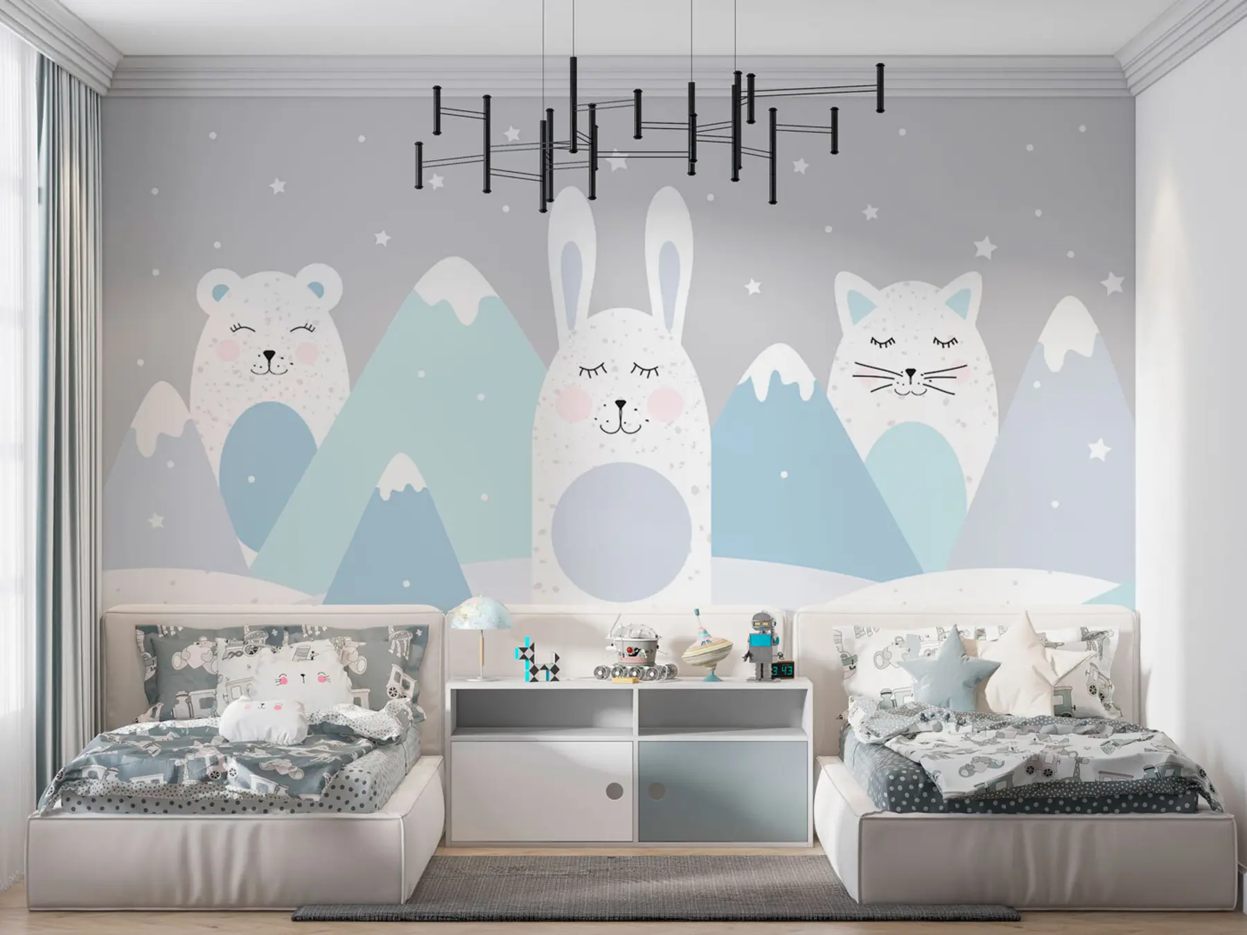 wall murals Rabbit, bear, fox against the background of beige snow-capped mountains u98135v1