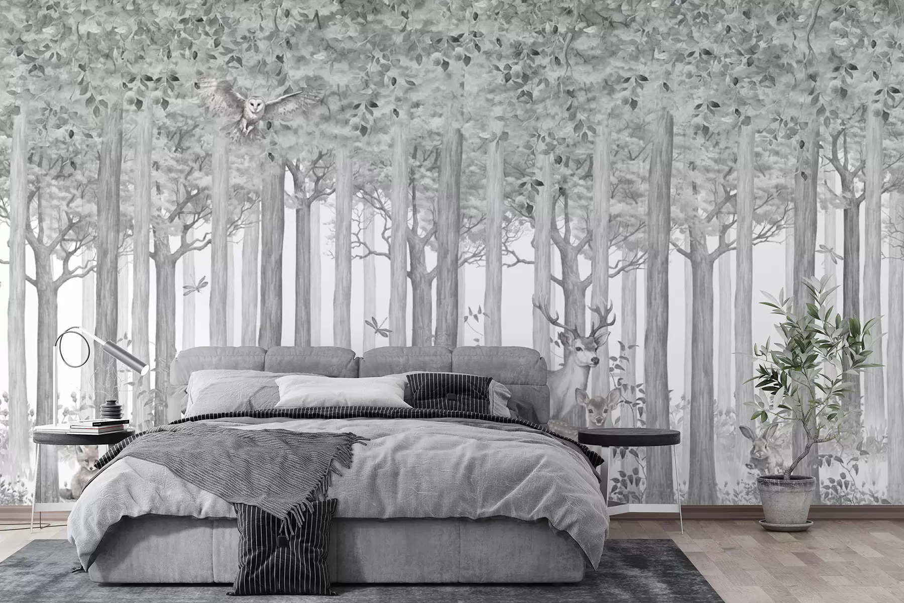 wall murals Forest animals deer and gray owl u97629v1