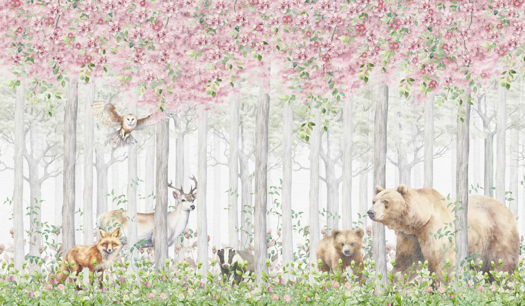wall murals Blooming forest with animals u97614