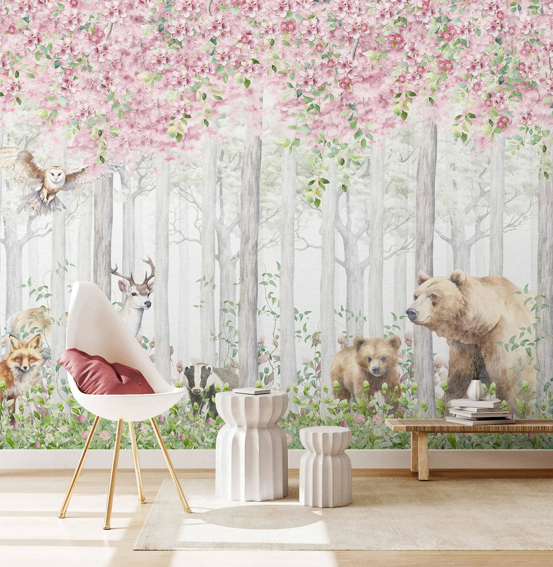 wall murals Blooming forest with animals u97614