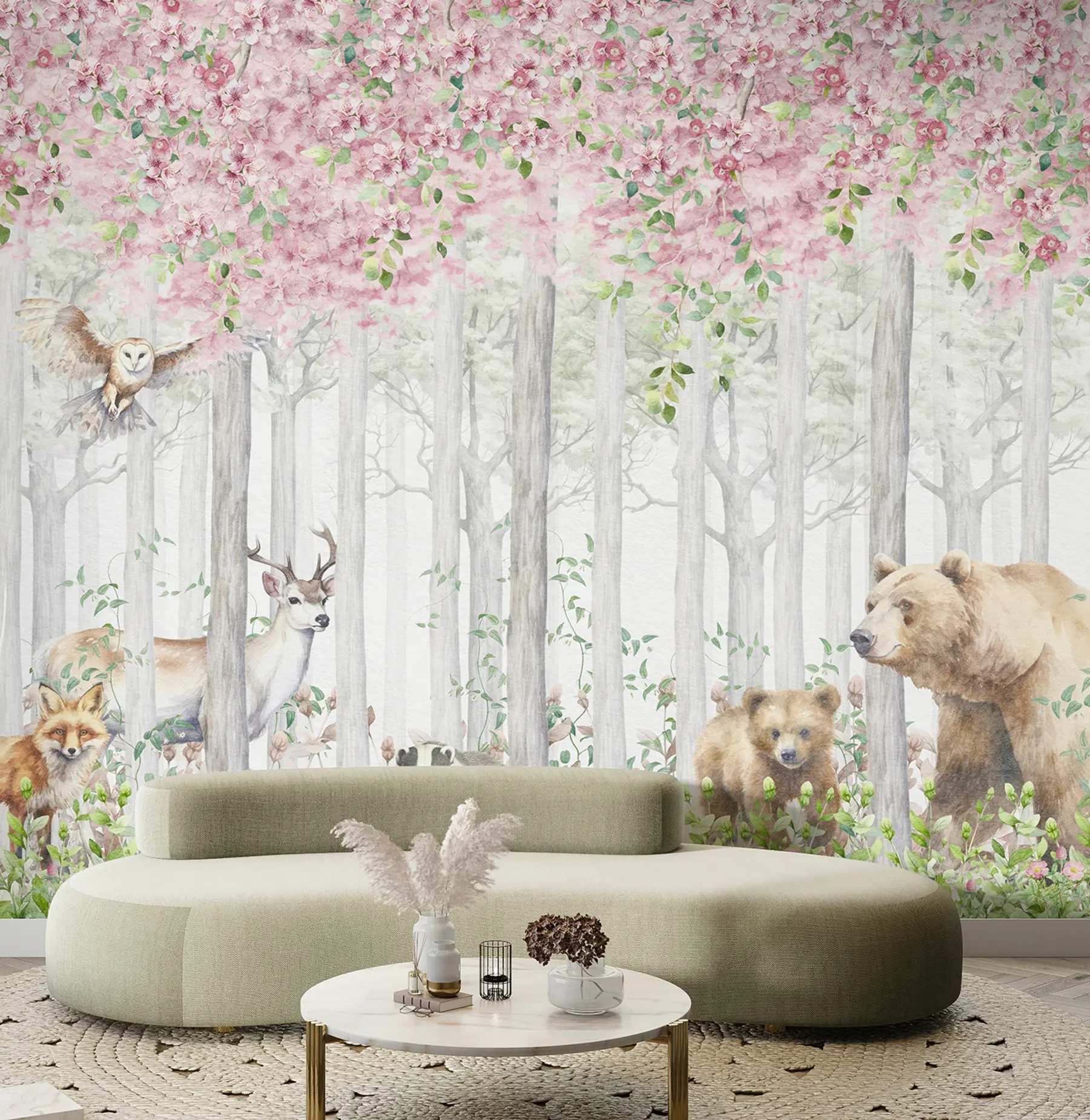 Wall Mural Photo Wallpaper Blooming forest with animals u97614