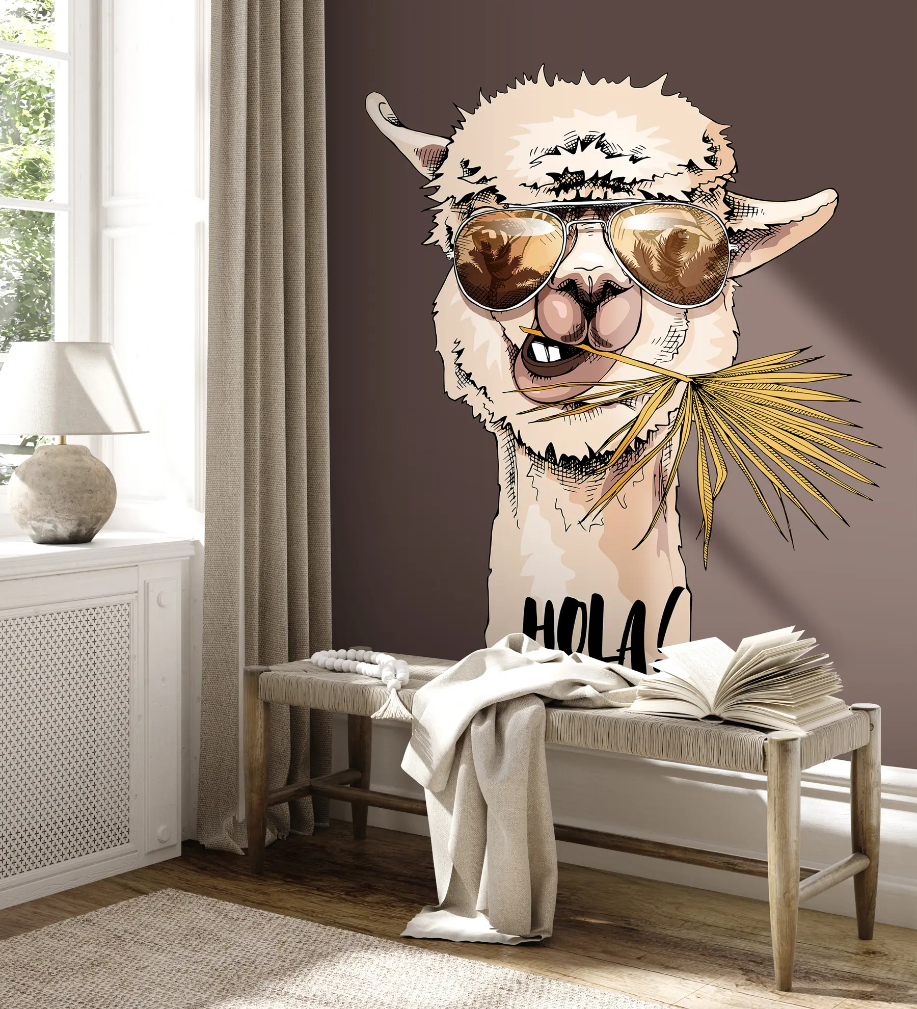 peintures murales Portrait d'un lama portant des lunettes de soleil avec un éventail de feuilles de palmier u98177