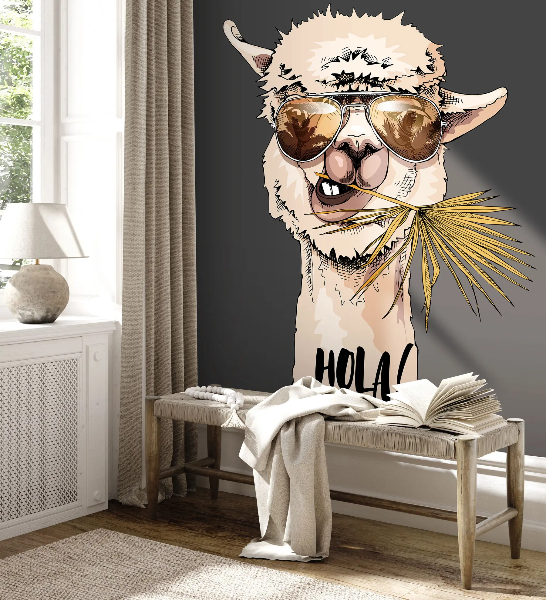 Wall Mural Photo Wallpaper Portrait of a llama wearing sunglasses with a fan palm leaf u98177v1