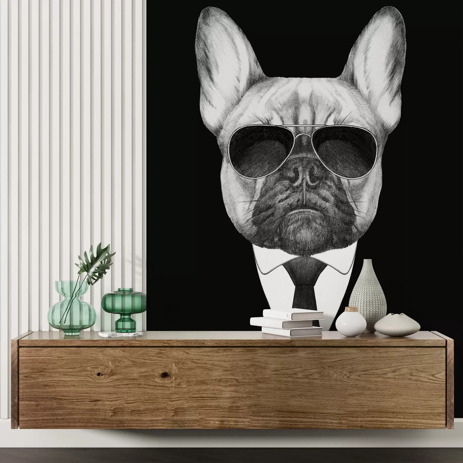 murales Retrato de un Bulldog Francés con traje y gafas de sol u98183