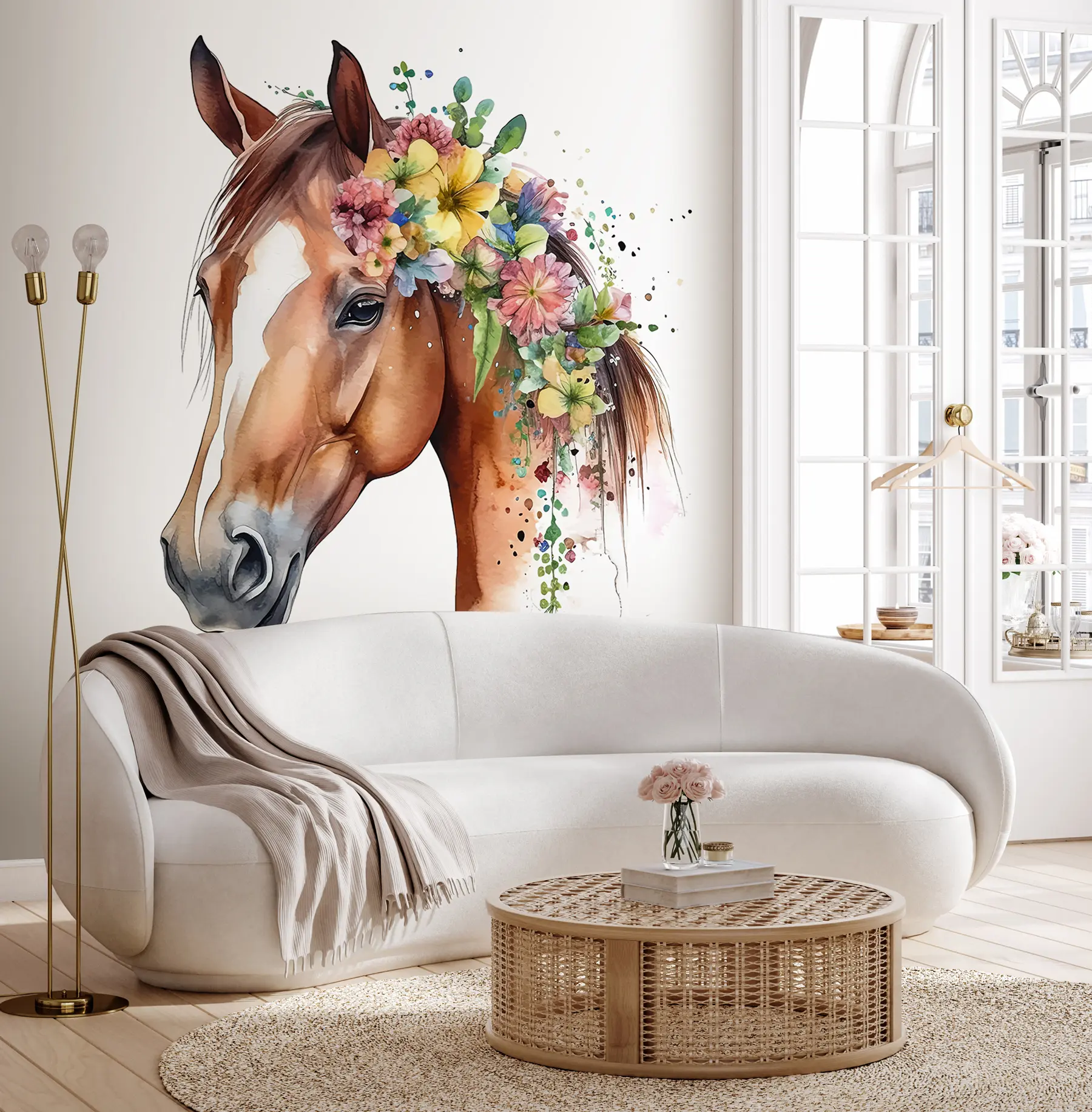 Wall Mural Photo Wallpaper Horse with flowers in watercolor u98192