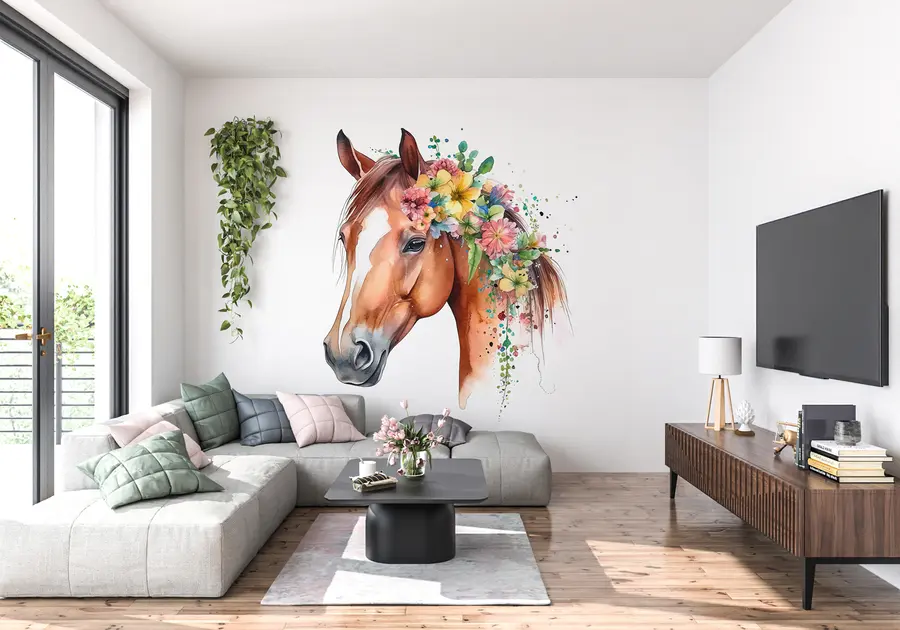 peintures murales Cheval avec fleurs à l'aquarelle u98192