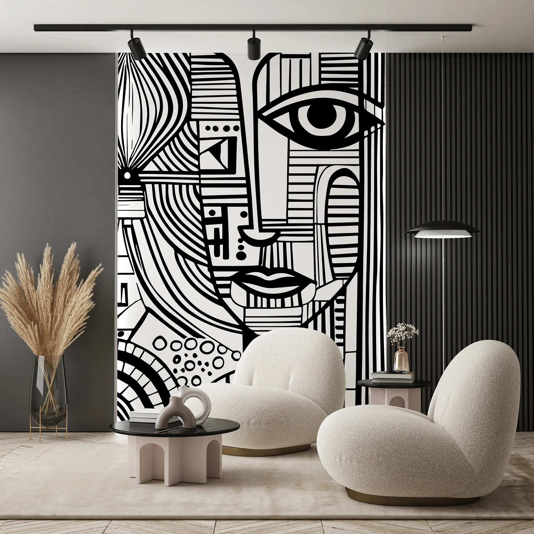 murais de parede Rosto abstrato a preto e branco u98714