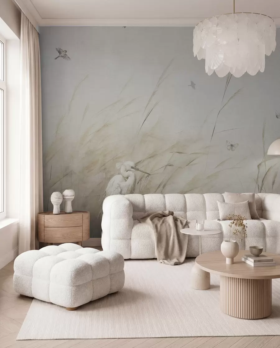 Wall Mural Photo Wallpaper Birds on the lake among dried flowers, plants and grass u98439