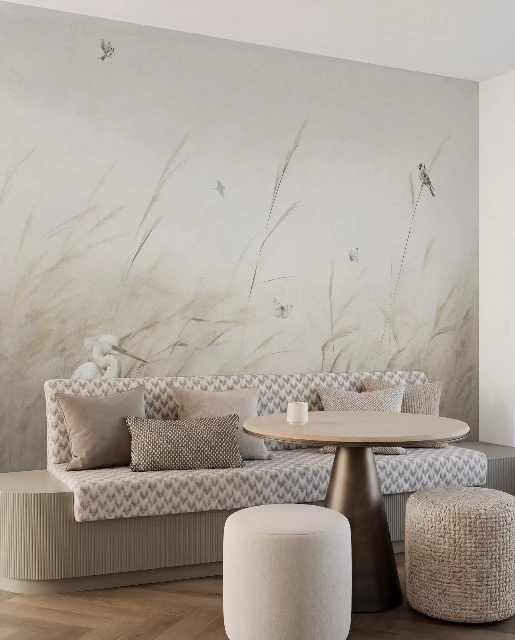 wall murals Birds on the lake among dried flowers, plants and grass u98439