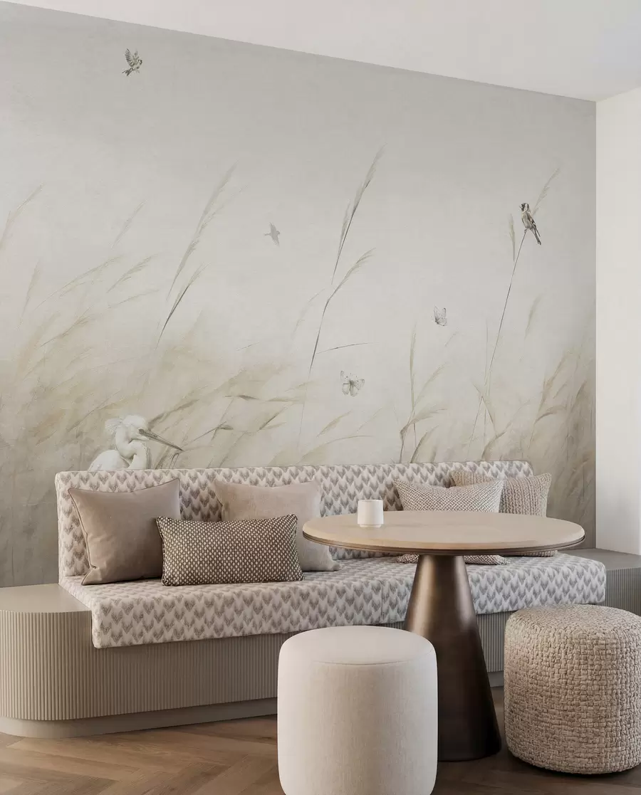 wall murals Birds on the lake among dried flowers, plants and grass u98439