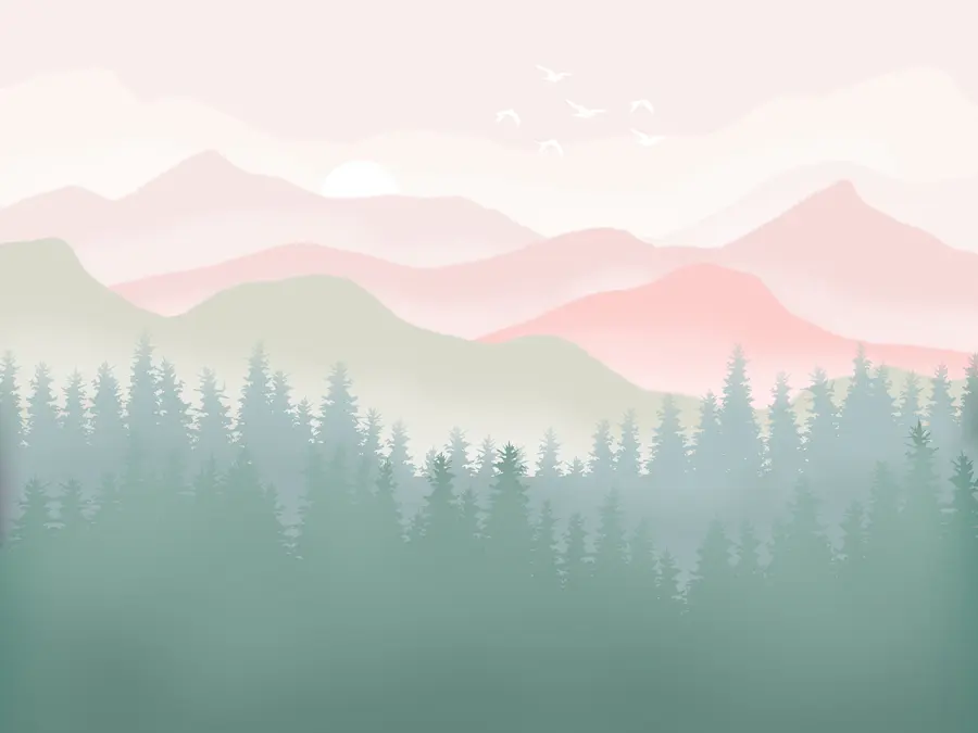 wall murals Foggy Mountains with Pine Forest, Soft Natural colors, Pink and Green u98774