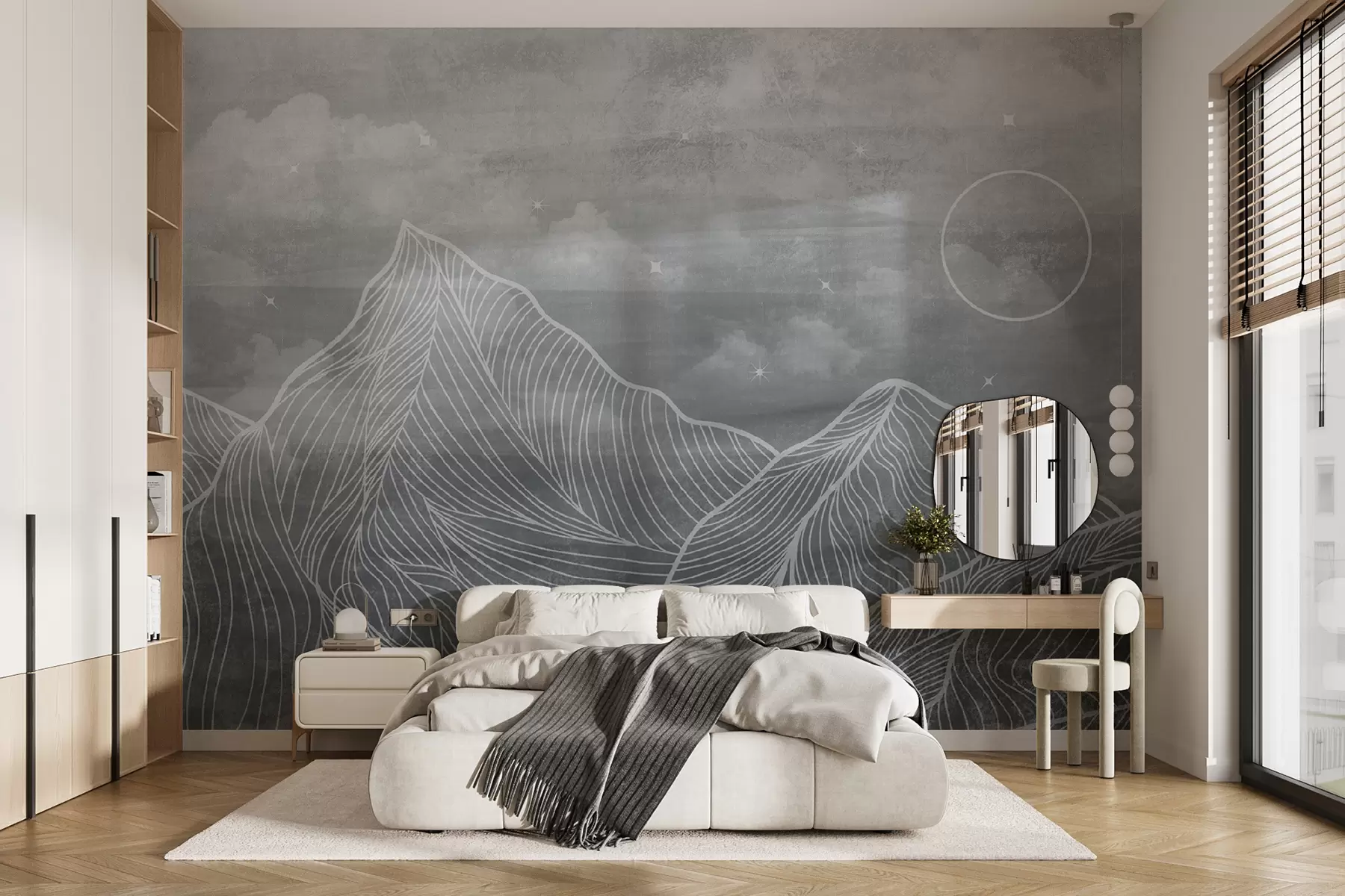 Wall Mural Photo Wallpaper Grunge Texture with Clouds and Mountains, Grey Color, Nature Theme Art u98838v1