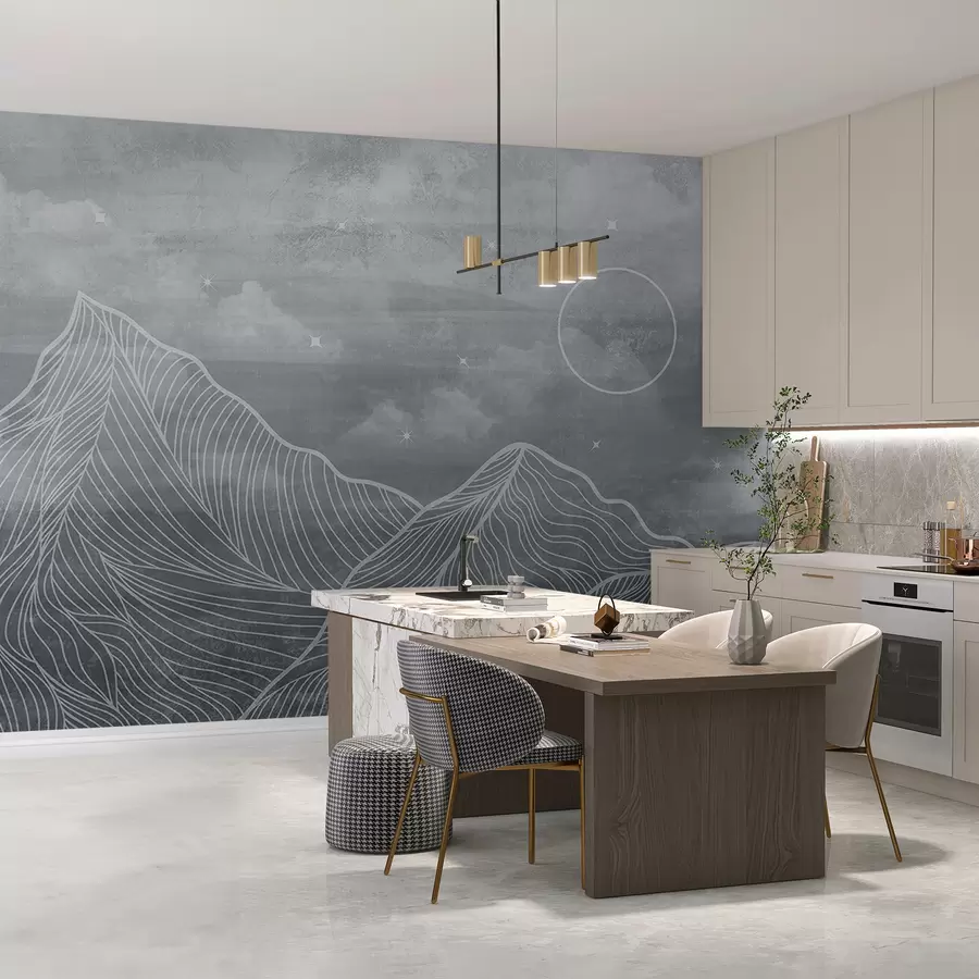 Wall Mural Photo Wallpaper Grunge Texture with Clouds and Mountains, Grey Color, Nature Theme Art u98838v1