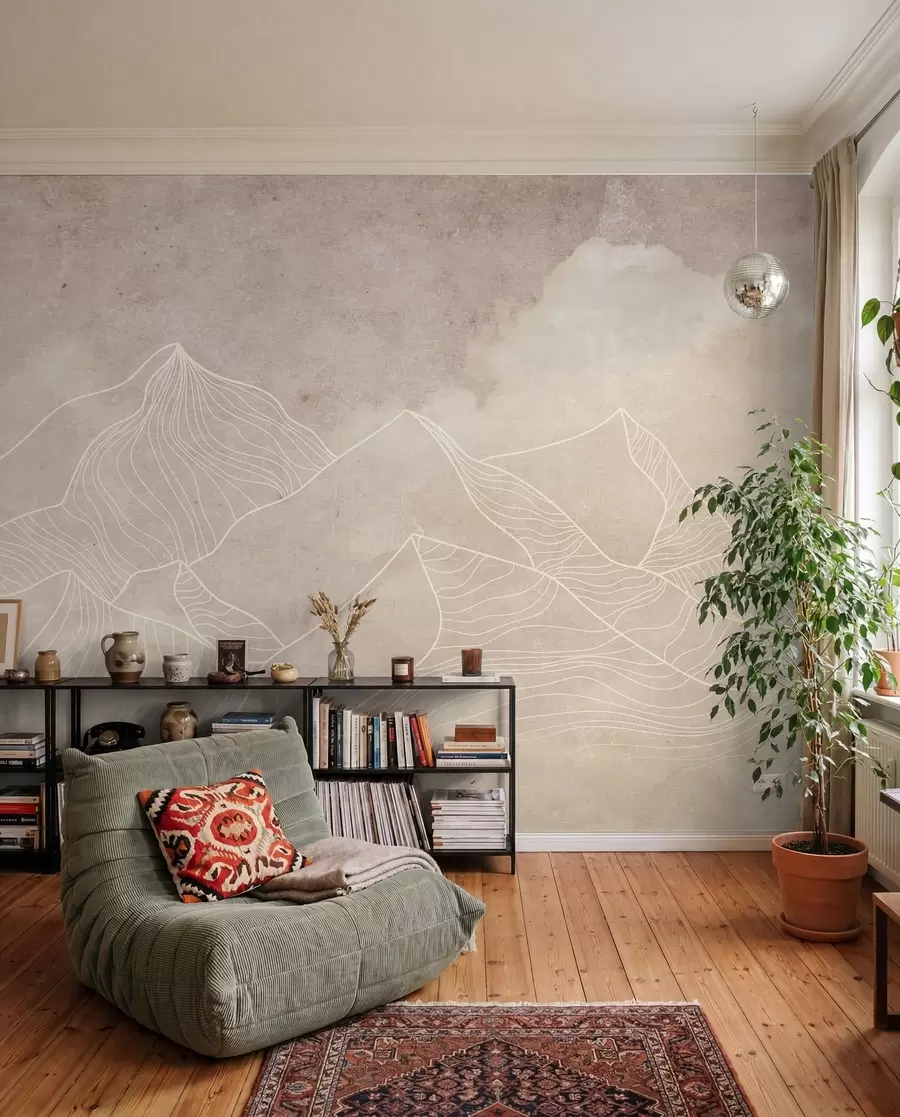 Wall Mural Photo Wallpaper Grunge Texture with Abstract Mountains, Beige Color, Nature Theme Art u98839