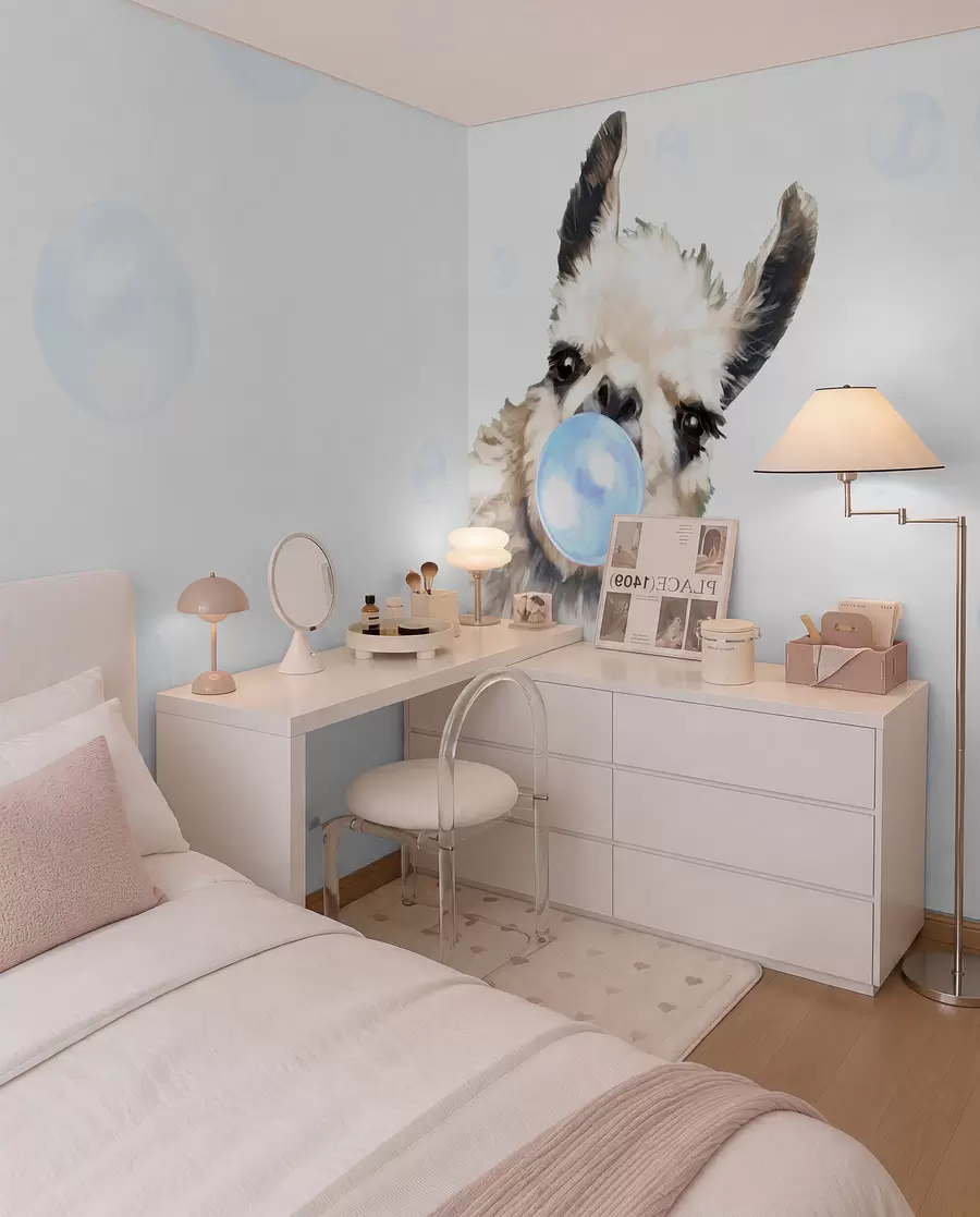 Wall Mural Photo Wallpaper Cheerful llama and blue bubbles u98952v1