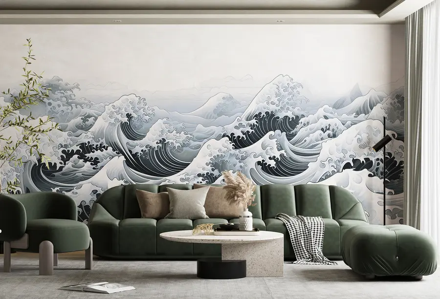 Wall Mural Photo Wallpaper Japanese Style Sea Waves, Ocean Theme, Marine, Soft Colors u98898