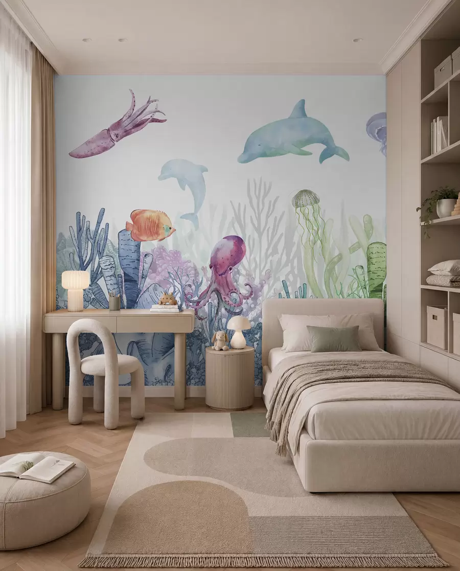 peintures murales Vie sous-marine, animaux marins, aquarelle, coraux, dauphin, pieuvre u98899