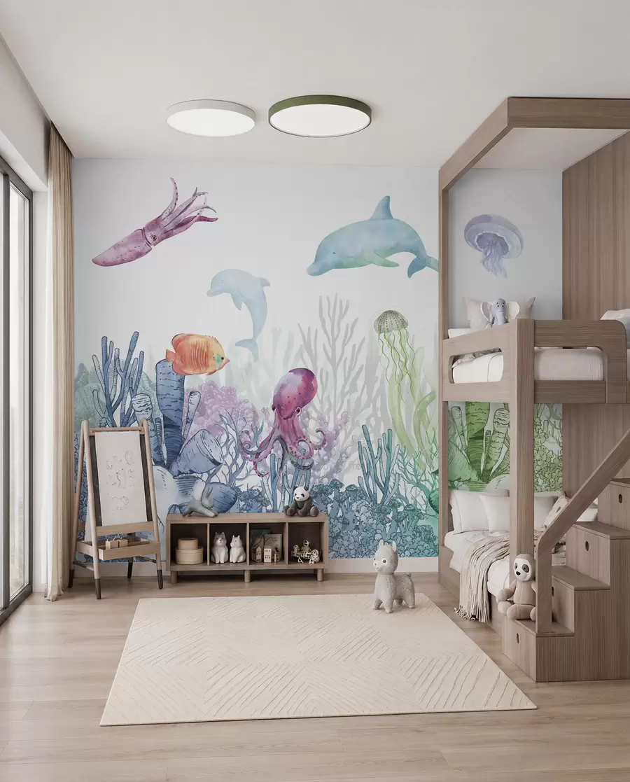 peintures murales Vie sous-marine, animaux marins, aquarelle, coraux, dauphin, pieuvre u98899