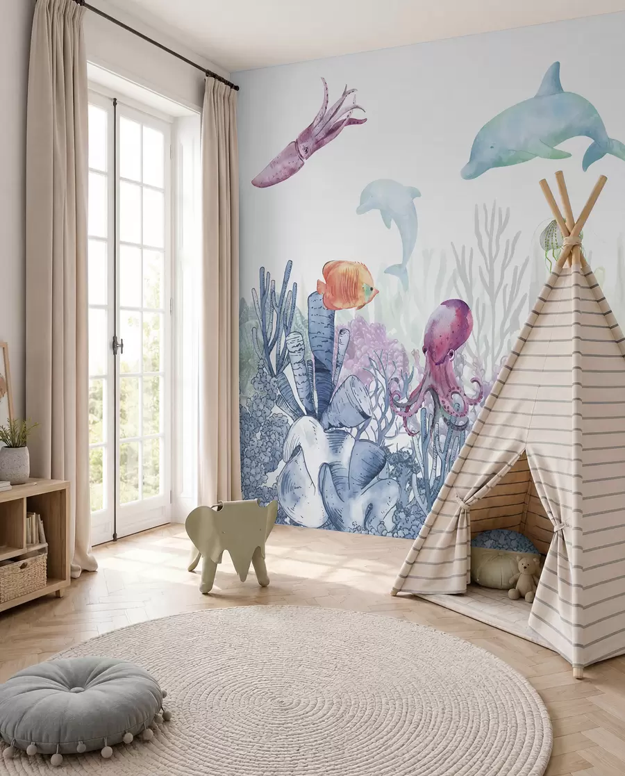 wall murals Underwater Sea Life, Sea Animals, Watercolor, Corals, Dolphin, Octopus u98899