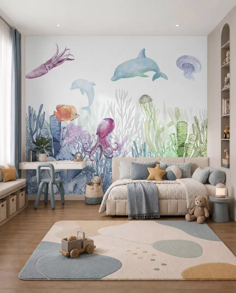 peintures murales Vie sous-marine, animaux marins, aquarelle, coraux, dauphin, pieuvre u98899