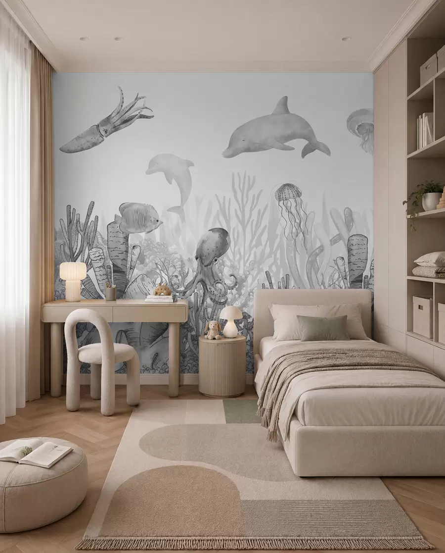 peintures murales Vie sous-marine, animaux marins, aquarelle couleur grise, coraux, dauphin, pieuvre u98899v1