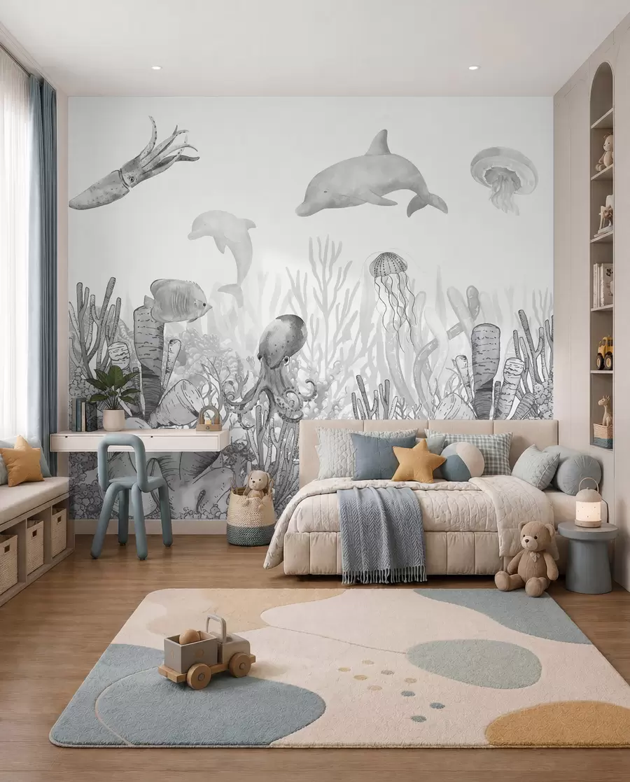 wall murals Underwater Sea Life, Sea Animals, Watercolor Grey Color, Corals, Dolphin, Octopus u98899v1