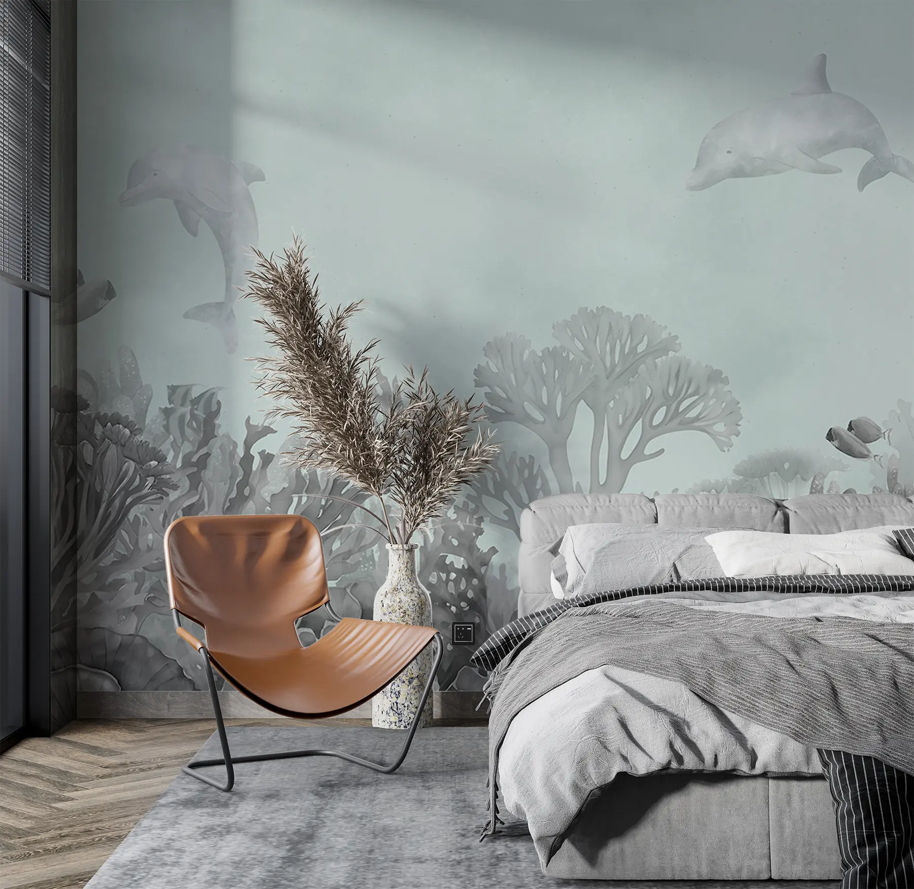 wall murals Underwater Sea Life, Coral Reef, Watercolor Grey and Blue Color, Dolphins u98900