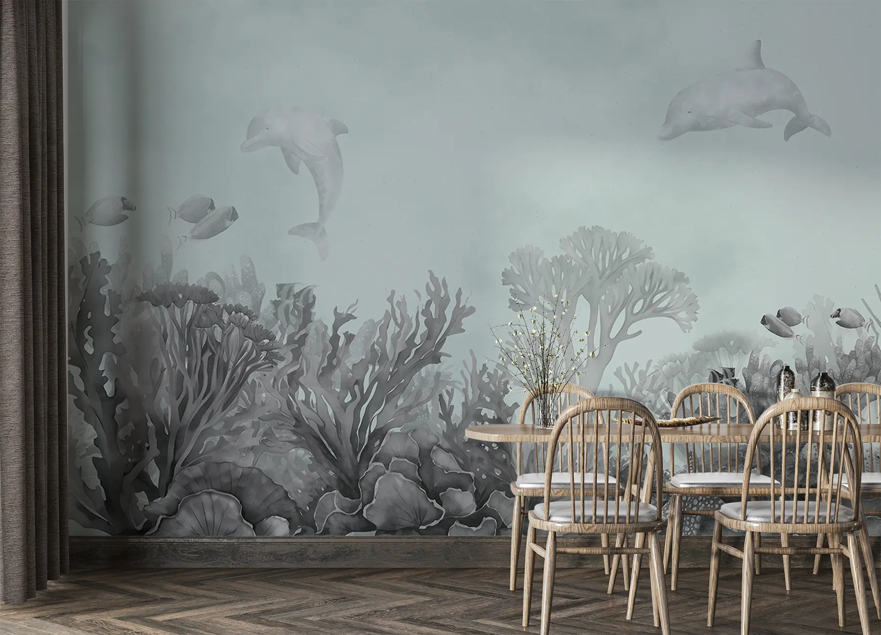 peintures murales Vie sous-marine, récif corallien, aquarelle gris et bleu, dauphins u98900