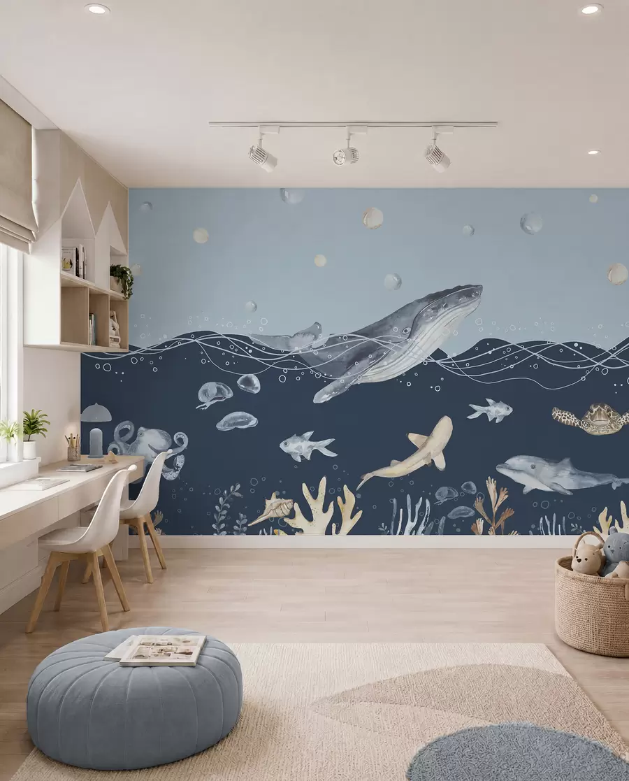 peintures murales Vie sous-marine, baleine, dauphin, coraux, animaux marins, thème océanique, couleurs pastel u98902