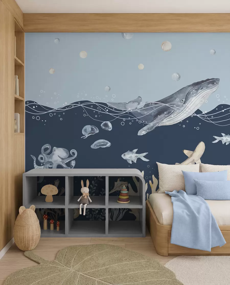 wall murals Underwater Sea Life, Whale, Dolphin, Corals, Sea Animals, Ocean Theme, Pastel Colors u98902