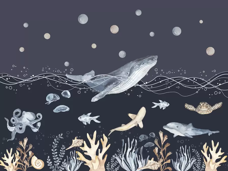 murales Vida marina submarina, ballena, delfín, corales, animales marinos, beige y azul u98902v1