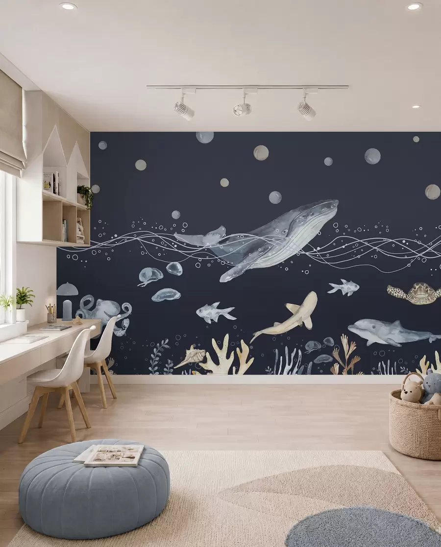 wall murals Underwater Sea Life, Whale, Dolphin, Corals, Sea Animals, Beige and Blue u98902v1