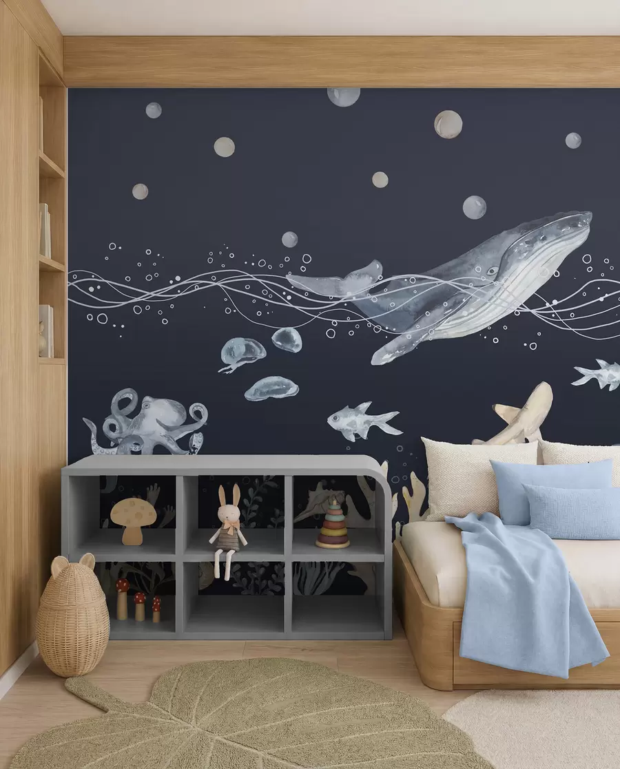 wall murals Underwater Sea Life, Whale, Dolphin, Corals, Sea Animals, Beige and Blue u98902v1