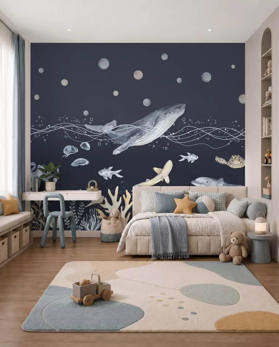 wall murals Underwater Sea Life, Whale, Dolphin, Corals, Sea Animals, Beige and Blue u98902v1